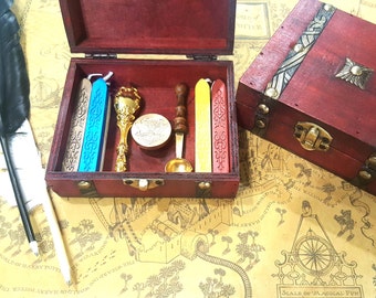 Complete Sealing Wax GIFTBOX Vintage Wood Box, Wax Spoon, Wax Seal Stamp, Wax Seal Sticks. Great for invitation. Fast Shipping From Utah.