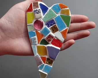 Mosaic Heart handmade with multi-coloured tumbled pottery & glass love valentines love heart