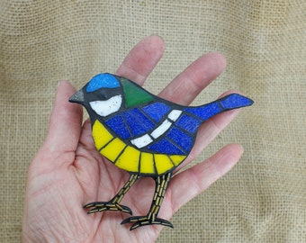 Handmade glass mosaic blue tit wall decoration british wildlife art