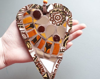 Brown and White Mosaic Heart handmade with vintage pottery including Hornsea love valentines love heart