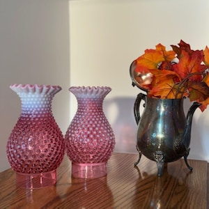 Fenton Set of Mid-Century Modern Hobnail Cranberry Glass Hurricane Shades