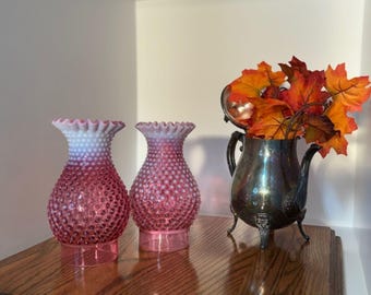 Fenton Set of Mid-Century Modern Hobnail Cranberry Glass Hurricane Shades