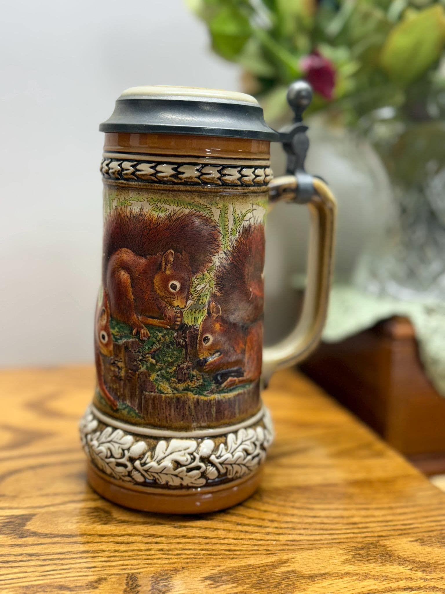 Gerz Wildlife German Beer Stein Showcasing Embossed Squirrels and