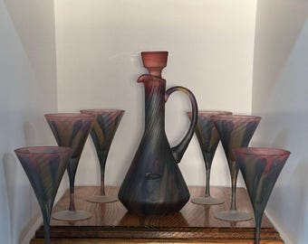 Decanter Set- 1980s Amisco Art Glass Decanter Set in Art Nouveau Deco Style, Featuring 7 Elegant Pieces