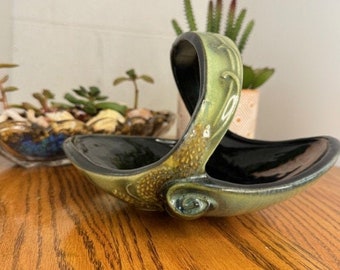Hull Pottery Nut Dish Basket- Parchment and Pine Nut High Gloss Glaze Nut Dish Basket