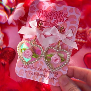 Pastel Pink Bow Iridescent Coquette Heart Earrings | Valentine's Day Earrings | Heart Earrings | Love Day Earrings