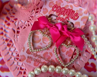 Hot Pink Bow Heart Earrings: Coquette Valentine's Jewelry