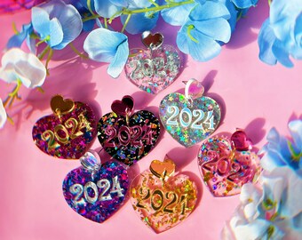 New Year's Heart 2024 Earrings | Acrylic Earrings | New Year's Jewelry | Ne Year Earrings | Holiday Earrings | Confetti Glitter Earrings