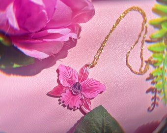 Bella collana di orchidee rosa / collana di fascino acrilico / gioielli di piante / collana di orchidee / collana di piante / gioielli di orchidee