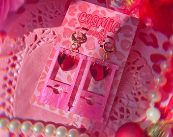 Pink Heart Guillotine Earrings: Goth Valentine's Jewelry