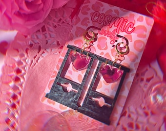 Black Pearl Heart Guillotine Earrings: Goth Valentine's Jewelry