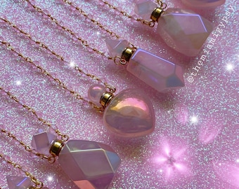 Collar con botella de aceite esencial de cuarzo rosa Angel Aura: cadena de rosario de cristal