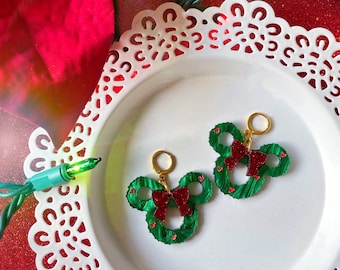Mouse Christmas Wreath Earrings | Acrylic Earrings | Christmas Jewelry | Acrylic Earrings | Christmas Earrings | Acrylic | Holiday Earrings