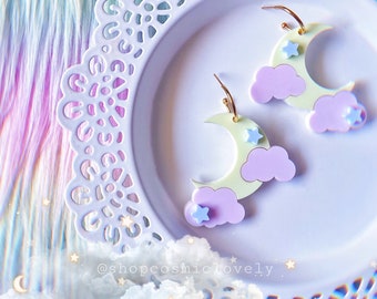 Kawaii Moon Earrings: Acrylic Pastel Cloud & Star Hoops