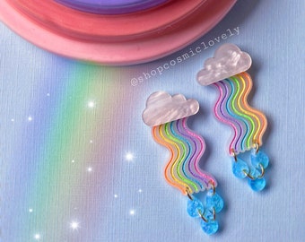 Wavy Acrylic Rainbow Earrings: Cloud & Rain Design
