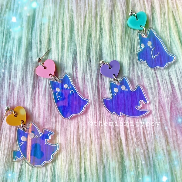 Iridescent Ghost Kitty Acrylic Earrings: Kawaii Christmas Jewelry