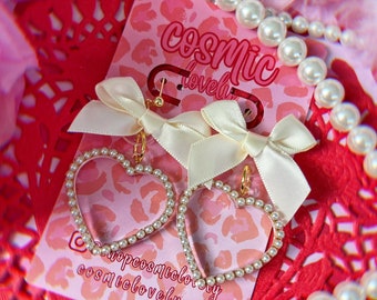 Cream Bow Heart Earrings: Coquette Valentine's Day Jewelry