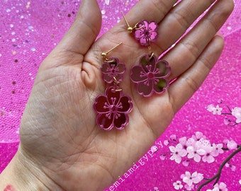 Laser Cut Mirrored Pink Acrylic Cherry Blossom Earrings