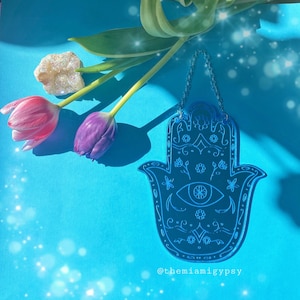 Engraved Mirrored Blue Acrylic Hamsa Wall Hanging - 9in