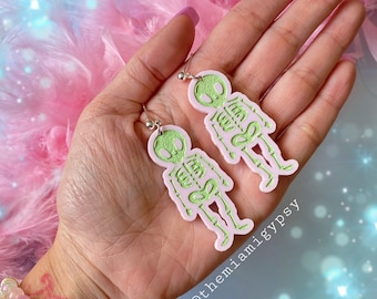 Kawaii Skeleton Earrings: Hand-Painted Pastel Pink Acrylic, Halloween Jewelry