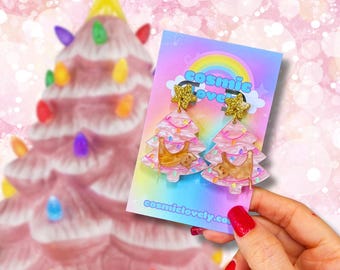 Bad Kitty Pink Christmas Tree Earrings | Acrylic Earrings | Christmas Jewelry | Christmas Earrings | Holiday Earrings | Pastel Earrings |