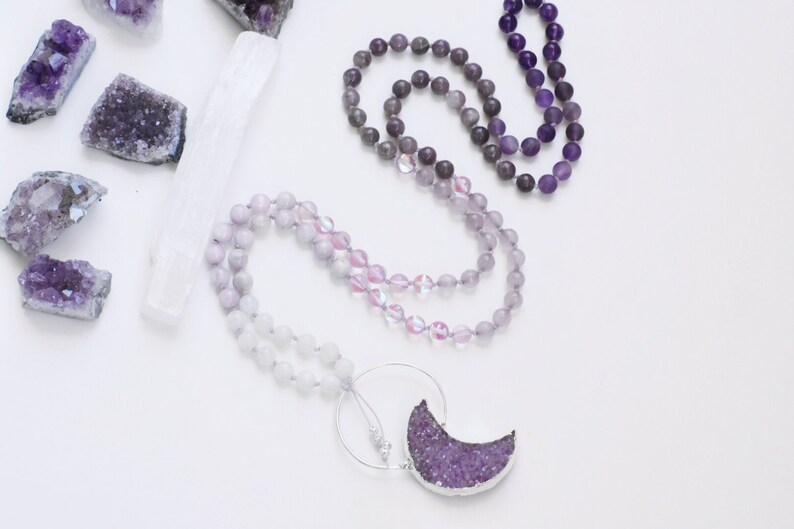 Rainbow Moonstone Kunzite Lepidolite Mala Necklace Japa Mala Moon Druzy Amethyst Matte Amethyst Mala | Love Goddess Mala