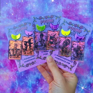 Pendientes de cartas del Tarot de Halloween / El Pensador Excesivo / La Especia de Calabaza / El Café / El Lector / El Amante de los Gatos / Pendientes de cartas del Tarot