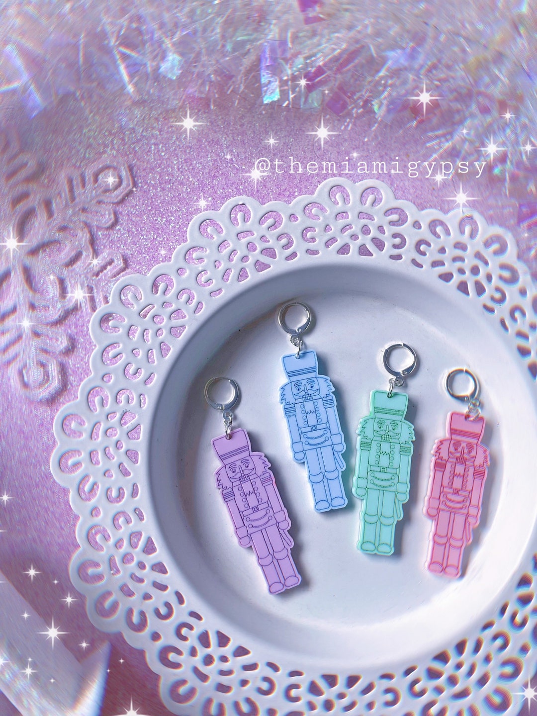 Rhinestone Resin Nutcracker Earrings in Fuchsia & White