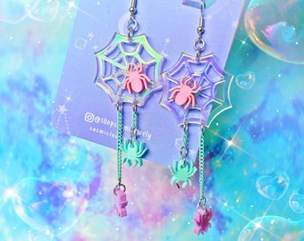 Iridescent Kawaii Spider Web Earrings | Acrylic Earrings | Halloween Jewelry | Acrylic Earrings | Laser Cut Earrings | Acrylic | Pastel