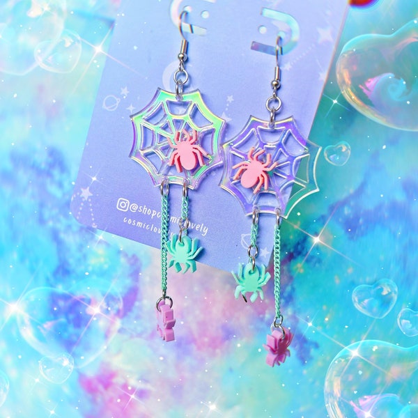 Irisierende Spinnennetz Ohrringe: Kawaii Pastell Halloween Schmuck