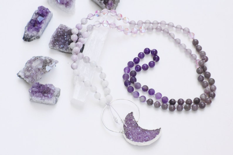 Rainbow Moonstone Kunzite Lepidolite Mala Necklace Japa Mala Moon Druzy Amethyst Matte Amethyst Mala | Love Goddess Mala