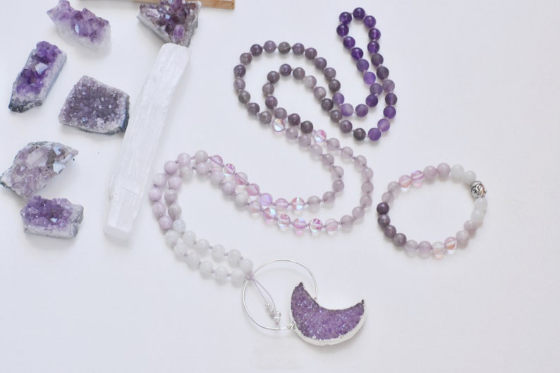 Rainbow Moonstone Kunzite Lepidolite Mala Necklace Japa Mala Moon Druzy Amethyst Matte Amethyst Mala | Love Goddess Mala