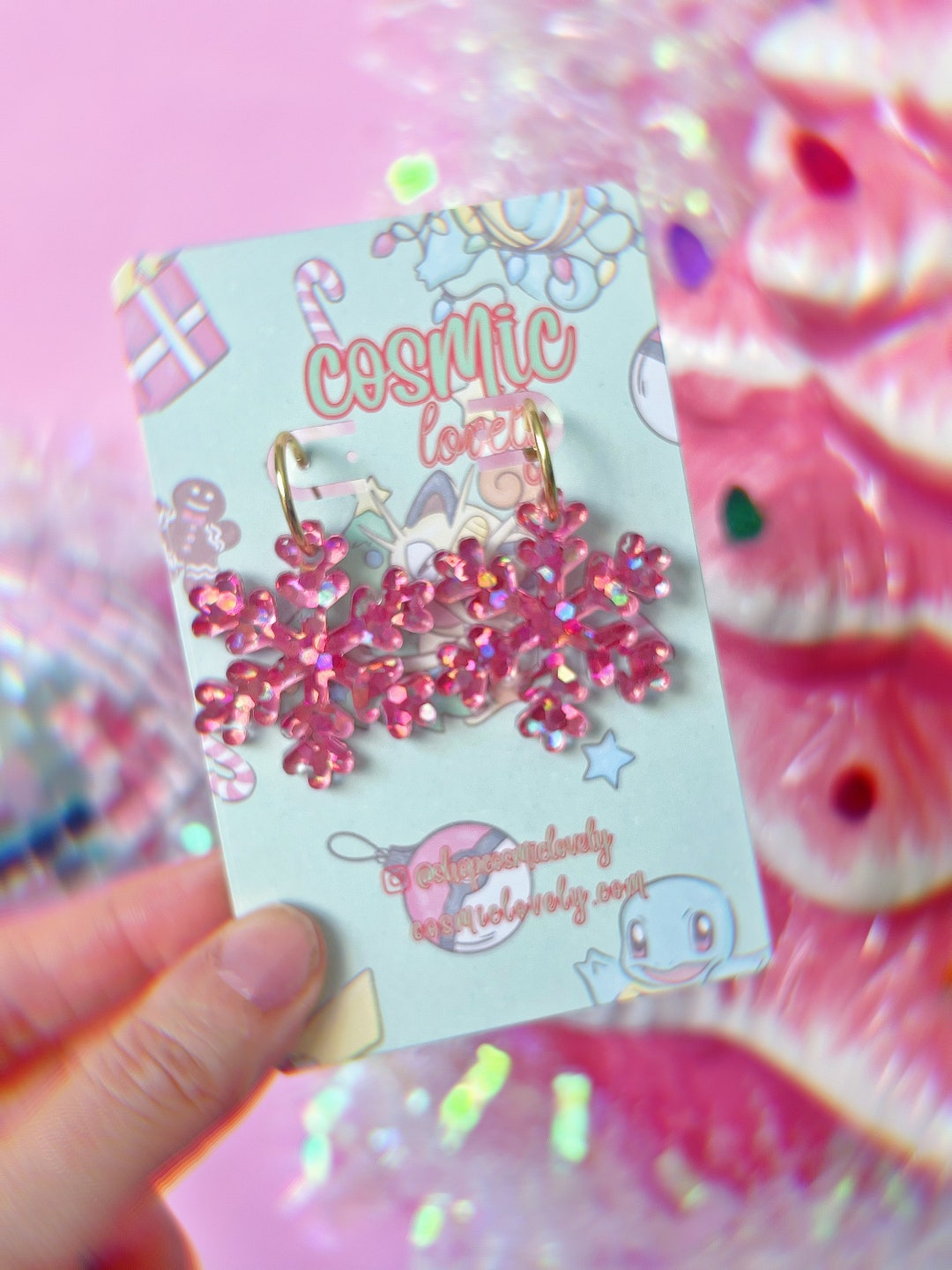 Pink Glitter Winter Snowflake Earrings Winter Earrings Christmas ...