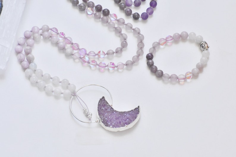 Rainbow Moonstone Kunzite Lepidolite Mala Necklace Japa Mala Moon Druzy Amethyst Matte Amethyst Mala | Love Goddess Mala
