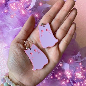 Kawaii Kitty Ghost Earrings | Acrylic Earrings | Halloween Jewelry | Ghost Earrings | Laser Cut Earrings | Acrylic | Kitty Earrings |