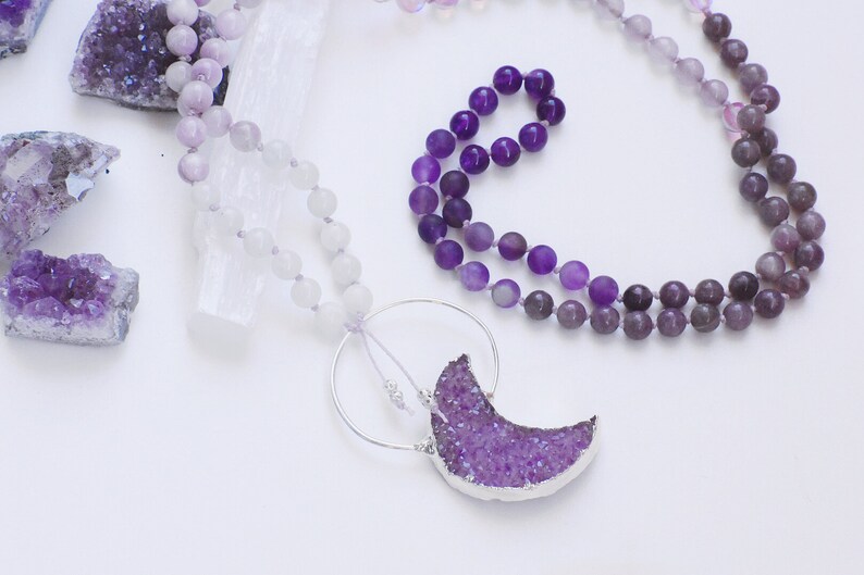 Rainbow Moonstone Kunzite Lepidolite Mala Necklace Japa Mala Moon Druzy Amethyst Matte Amethyst Mala | Love Goddess Mala