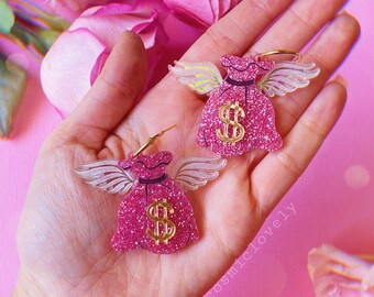 Secure The Bag Earrings | Acrylic Earrings | Pink  Earrings | Money Bag Earrings