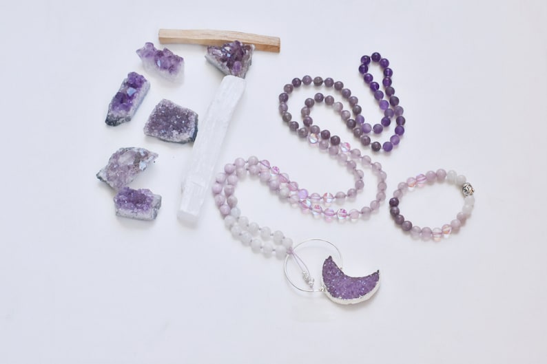 Rainbow Moonstone Kunzite Lepidolite Mala Necklace Japa Mala Moon Druzy Amethyst Matte Amethyst Mala | Love Goddess Mala