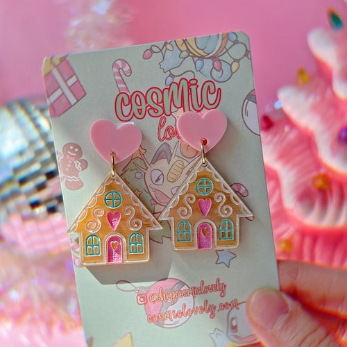 Pastel Gingerbread House Earrings: Acrylic Christmas Jewelry