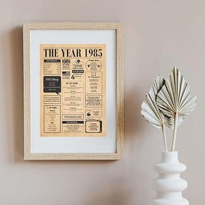 May include: A framed print with the headline "THE YEAR 1985" and various news snippets. The frame is light wood, mounted on a neutral wall. A white vase with dried leaves is positioned to the right.