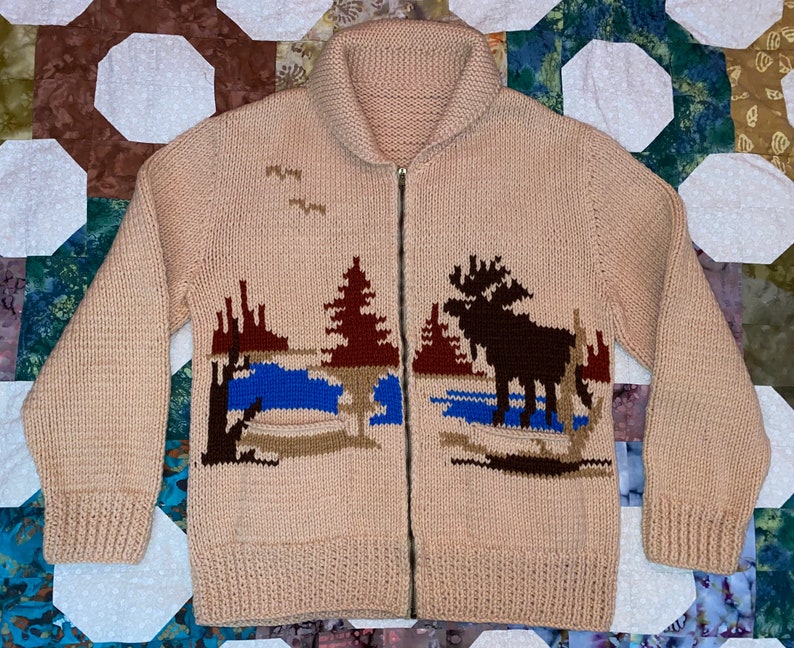 Vintage 60s Cowichan Moose Wool Sweater Jacket Full Zip Hand Knitted Lash Zipper image 1