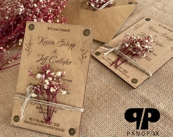 Floral - Real Wood Wedding Invitation - Rustic Wedding Blush Flower Wooden Invitations