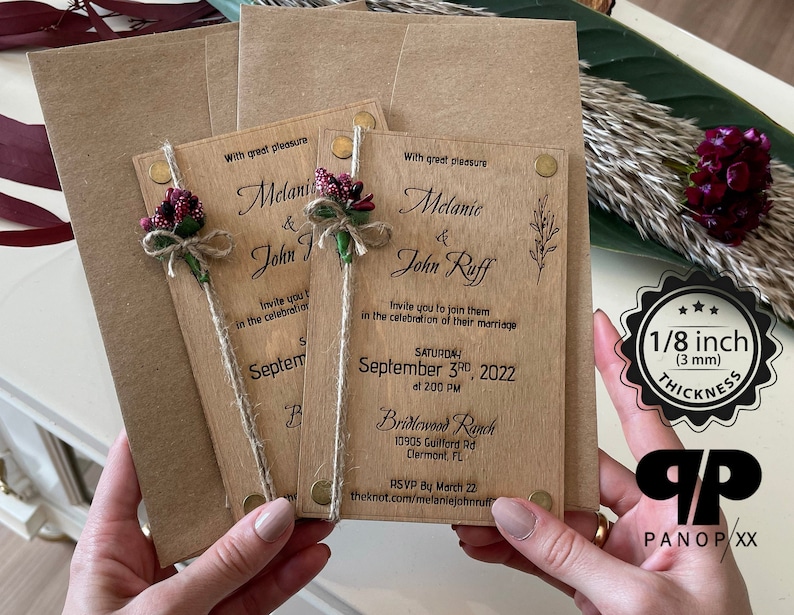 Wood Wedding Invitation Set - Wooden Invitations - Burgundy Invitation, Floral Knotted 