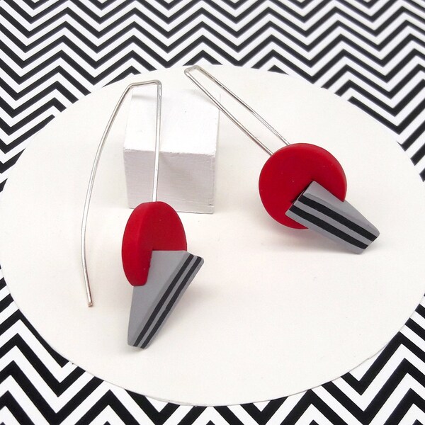 Silver earrings, red geometric pendants