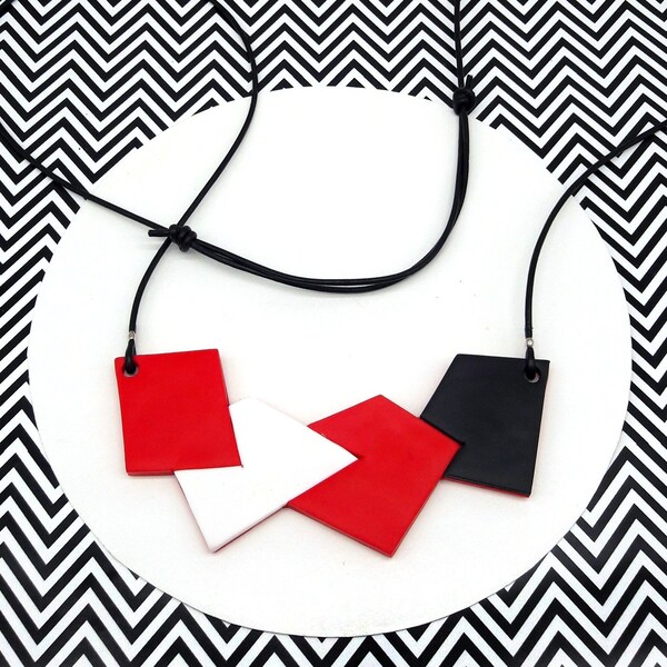 Red white and black geometric necklace