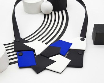 White black and blue geometric statement necklace