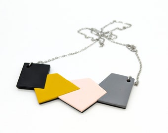 Geometric necklace yellow mustard pink gray and black in polymer clay