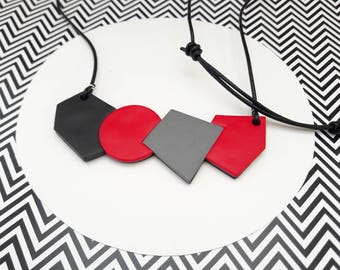 Minimal and modern necklace, red, black and gray