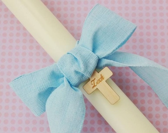 Baptism candle. Christening candle. Personalised. Round and cream candles. Different ribbons to choose. Vela baptizado.
