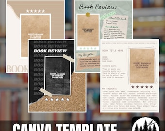 May include: A Canva template for a book review with a brown and black color scheme. The template includes space for a book cover image, a title, genre, format, page count, a favorite quote, and a section for thoughts about the book. The template also includes a five-star rating system.